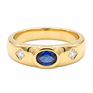 Anel Dourado com Gema Oval Azul e Gemas Brancas Laterais