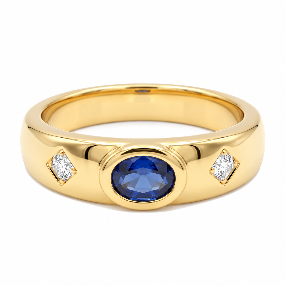 Anel Dourado com Gema Oval Azul e Gemas Brancas Laterais