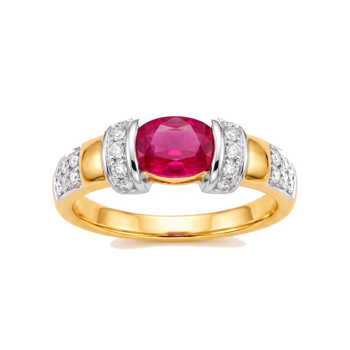 Anel com Gema Oval Vermelha e Detalhes Brilhantes Bicolor