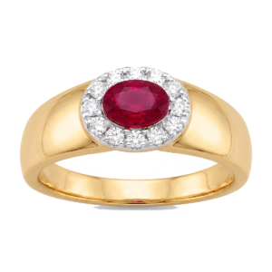 Anel Solitário Oval Vermelho com Halo de Zircônias Brancas