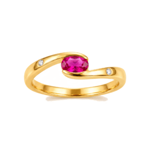 Anel Dourado com Gema Oval Vermelha e Detalhes Pontuais