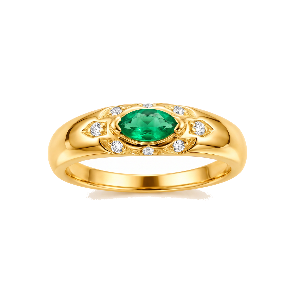 Anel Dourado com Gema Verde Central e Detalhes Brilhantes