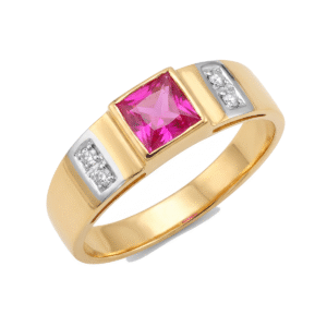 Anel Masculino Dourado com Zircônia Rosa Quadrada e Detalhes Laterais