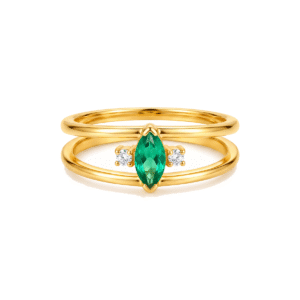 Anel Dourado com Zircônia Verde Navete e Brancas