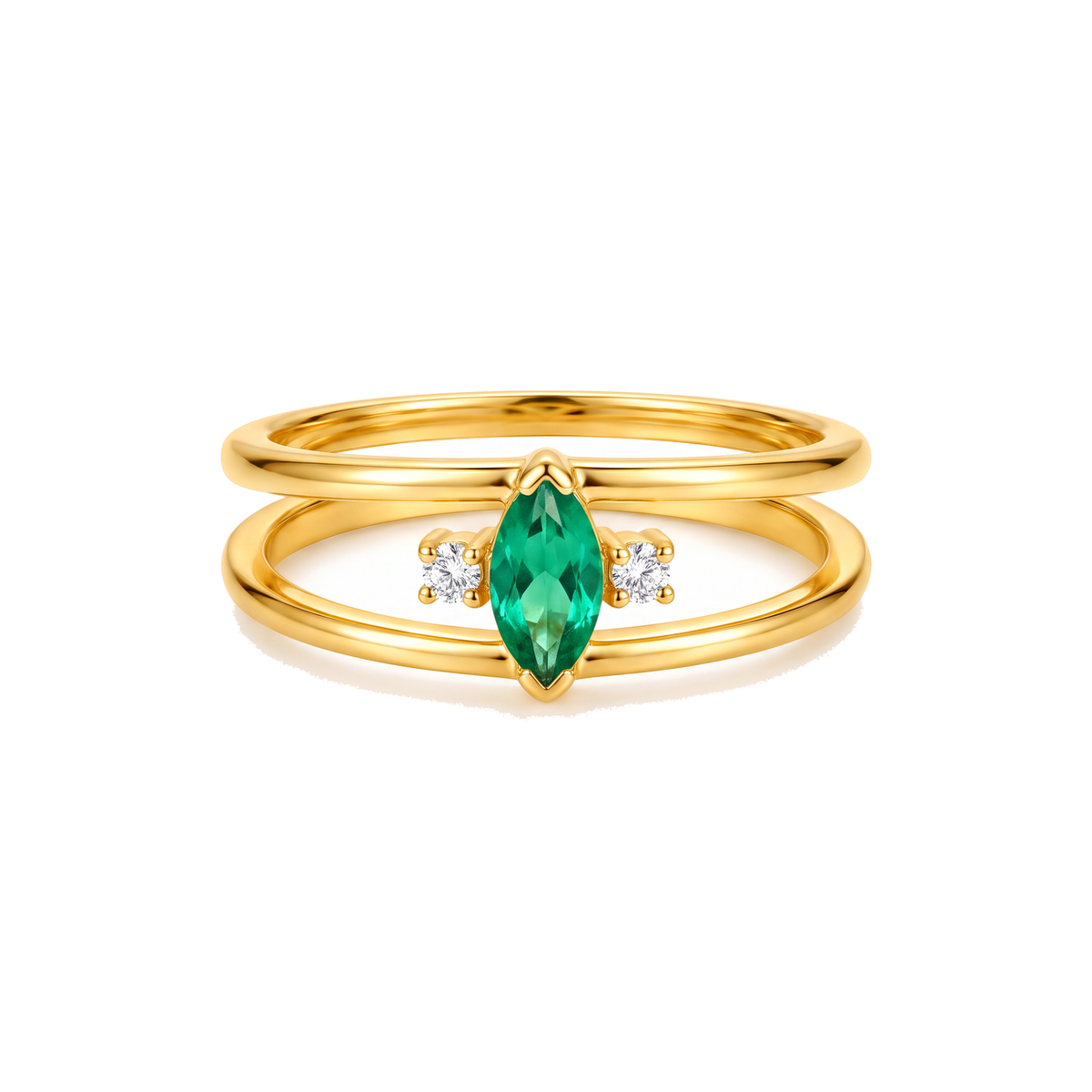 Anel Dourado com Zircônia Verde Navete e Brancas
