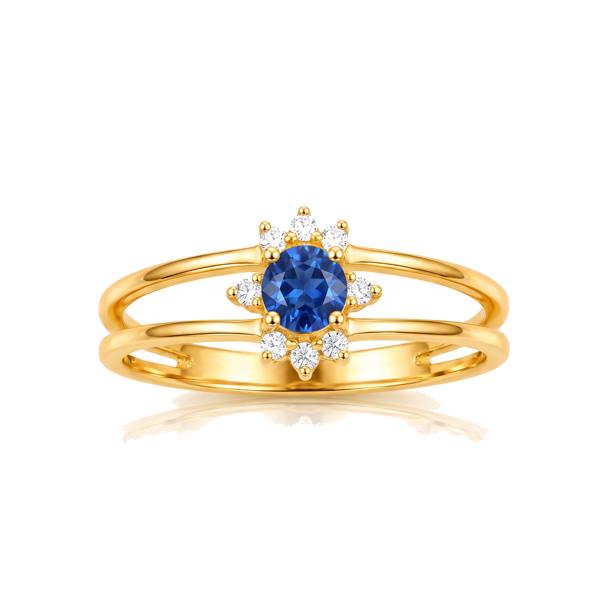 Anel Dourado com Aro Duplo e Flor Azul Central