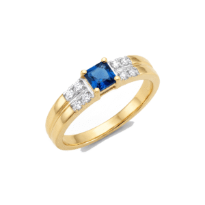 Anel Dourado com Zircônia Azul Central e Laterais Cravejadas