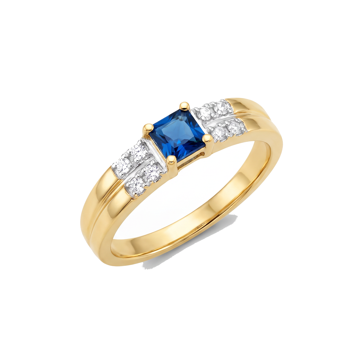 Anel Dourado com Zircônia Azul Central e Laterais Cravejadas