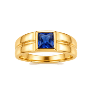 Anel Dourado com Detalhes Geométricos e Pedra Azul Quadrada
