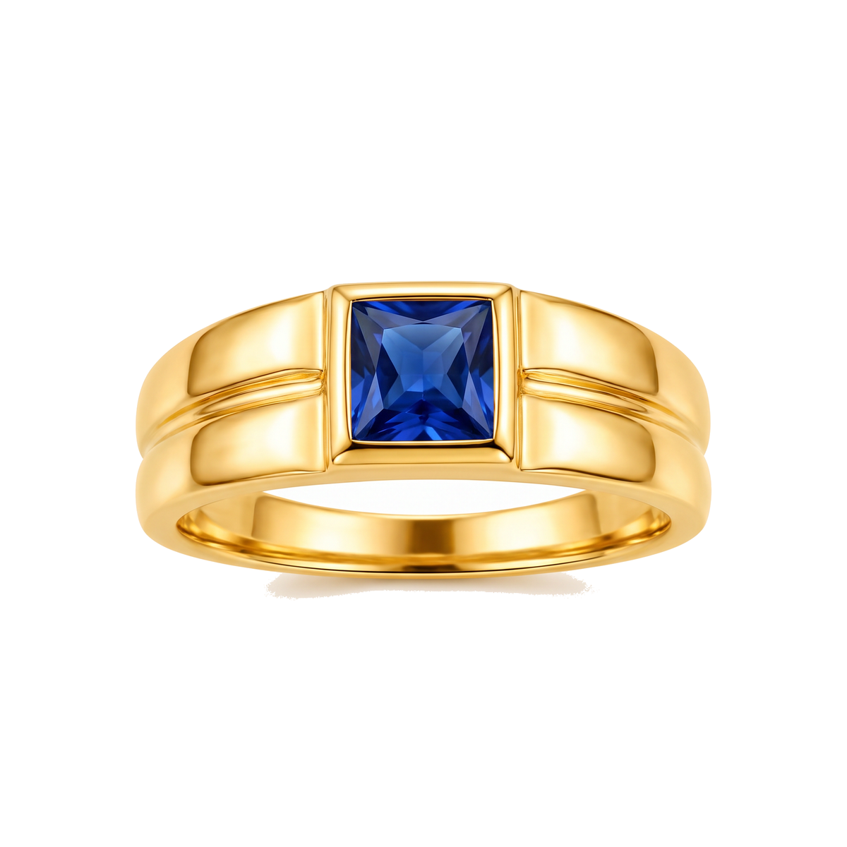 Anel Dourado com Detalhes Geométricos e Pedra Azul Quadrada