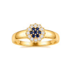 Anel Dourado com Aro Texturizado e Flor Central de Zircônias Azuis e Brancas