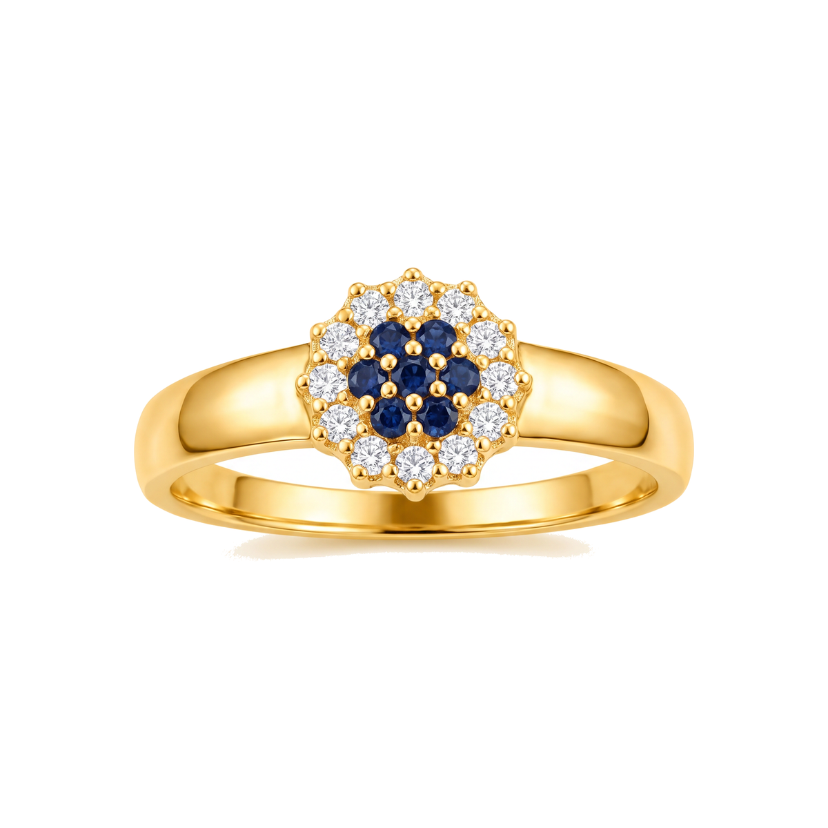Anel Dourado com Aro Texturizado e Flor Central de Zircônias Azuis e Brancas