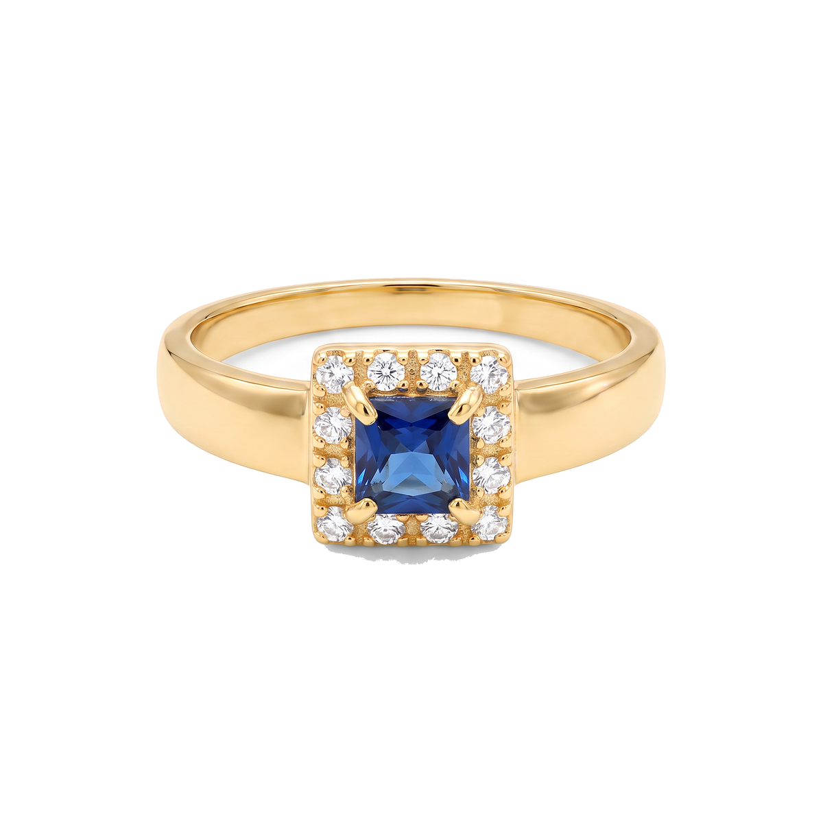 Anel Dourado com Quadrado Central Azul e Borda de Zircônias
