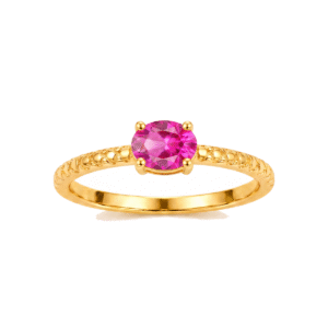 Anel Solitário Fino com Zircônia Rosa e Aro Texturizado Dourado