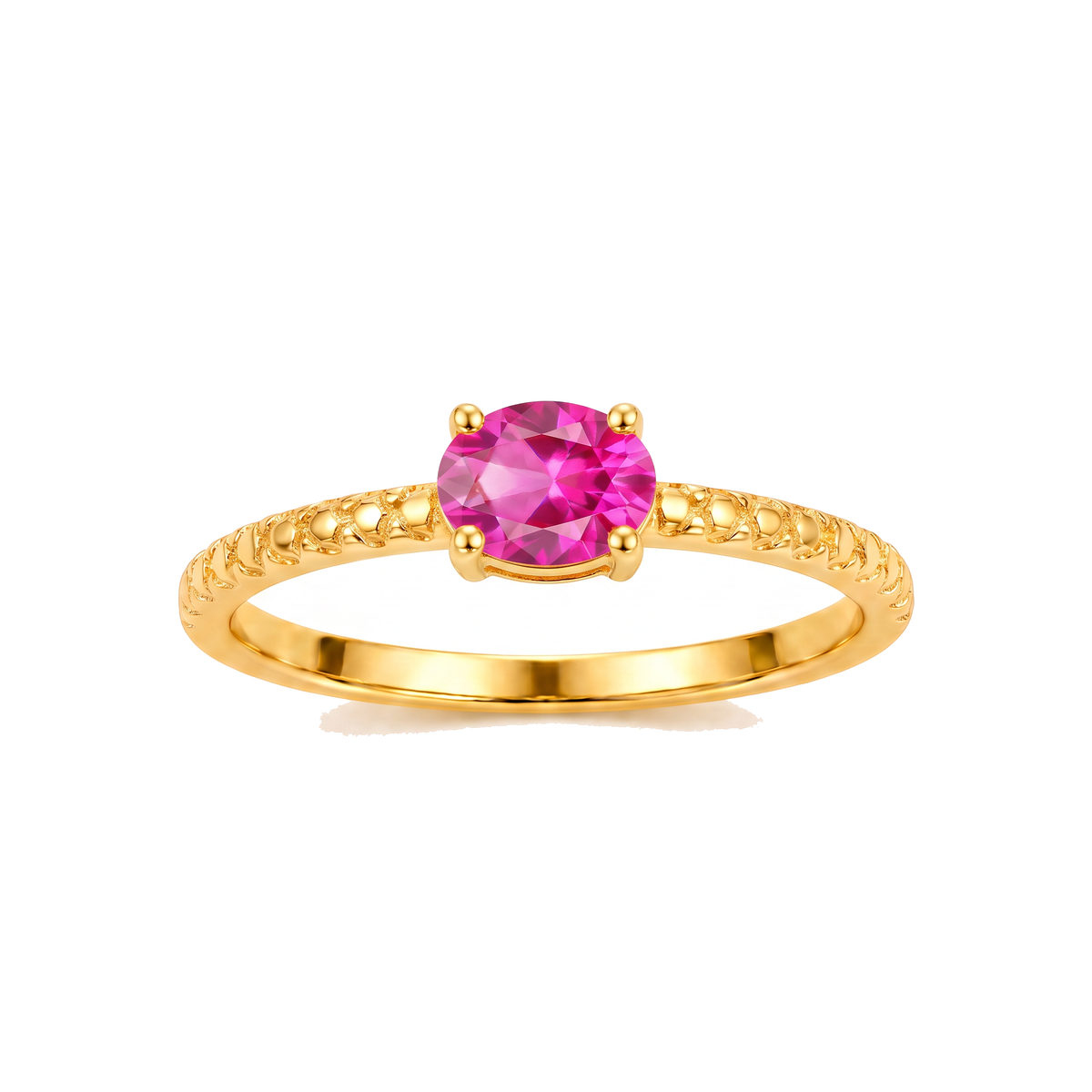 Anel Solitário Fino com Zircônia Rosa e Aro Texturizado Dourado