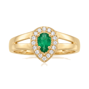 Anel Dourado com Gota Verde e Contorno de Zircônias