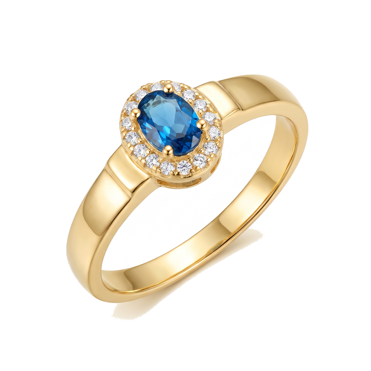 Anel Dourado com Zircônia Azul Oval e Halo de Zircônias Brancas