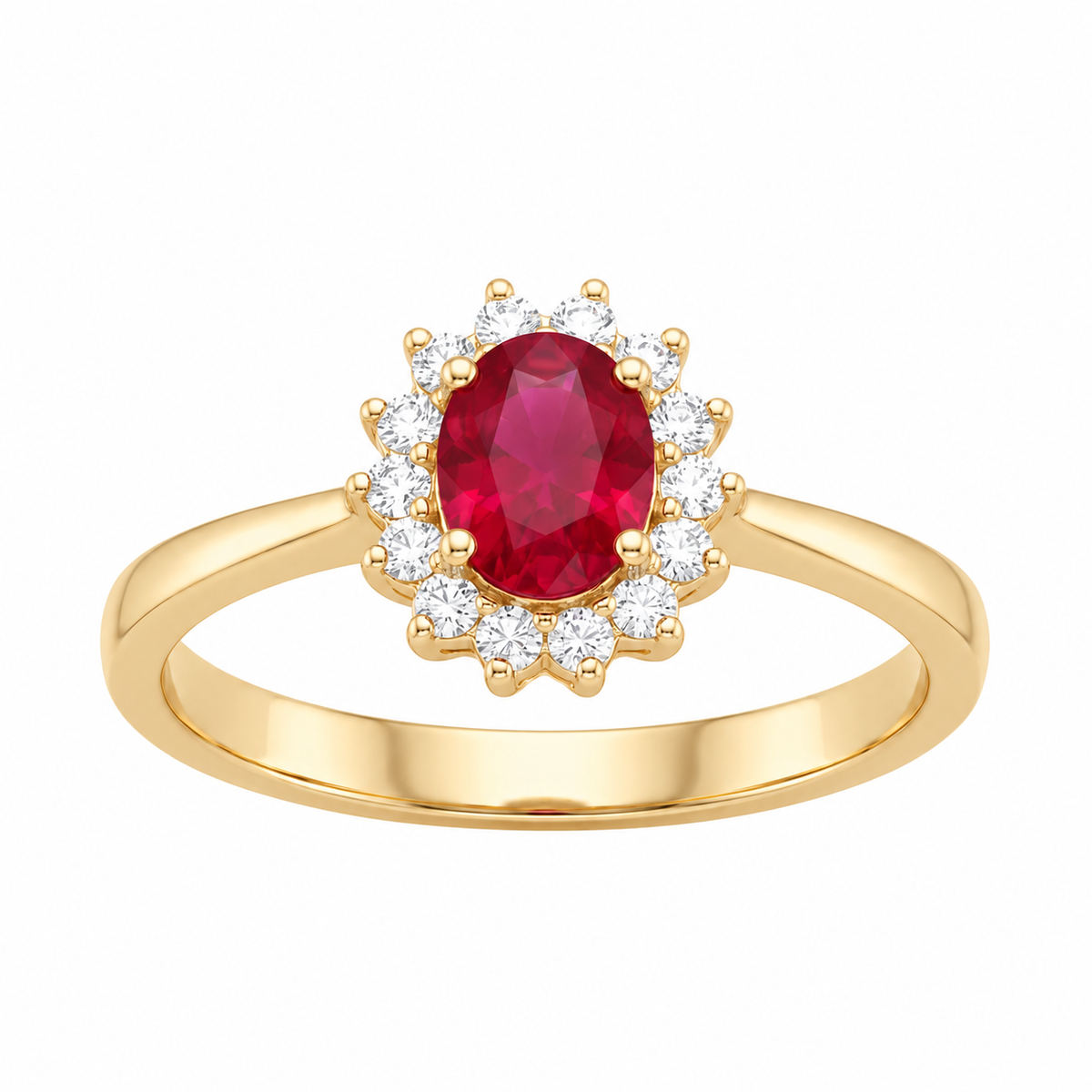 Anel Solitário Oval Vermelho com Halo de Zircônias Dourado