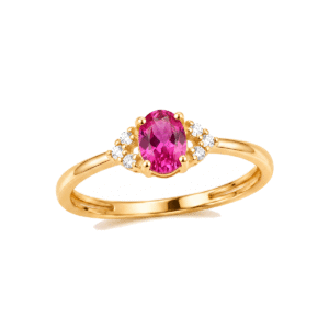 Anel Dourado com Zircônia Oval Vermelha e Detalhes Brilhantes