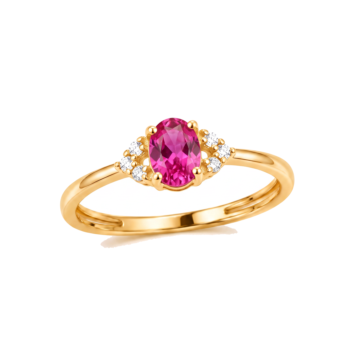 Anel Dourado com Zircônia Oval Vermelha e Detalhes Brilhantes