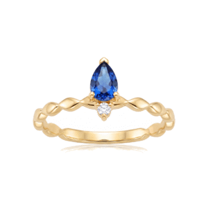 Anel Solitário com Gota Azul e Detalhe Torcido Dourado