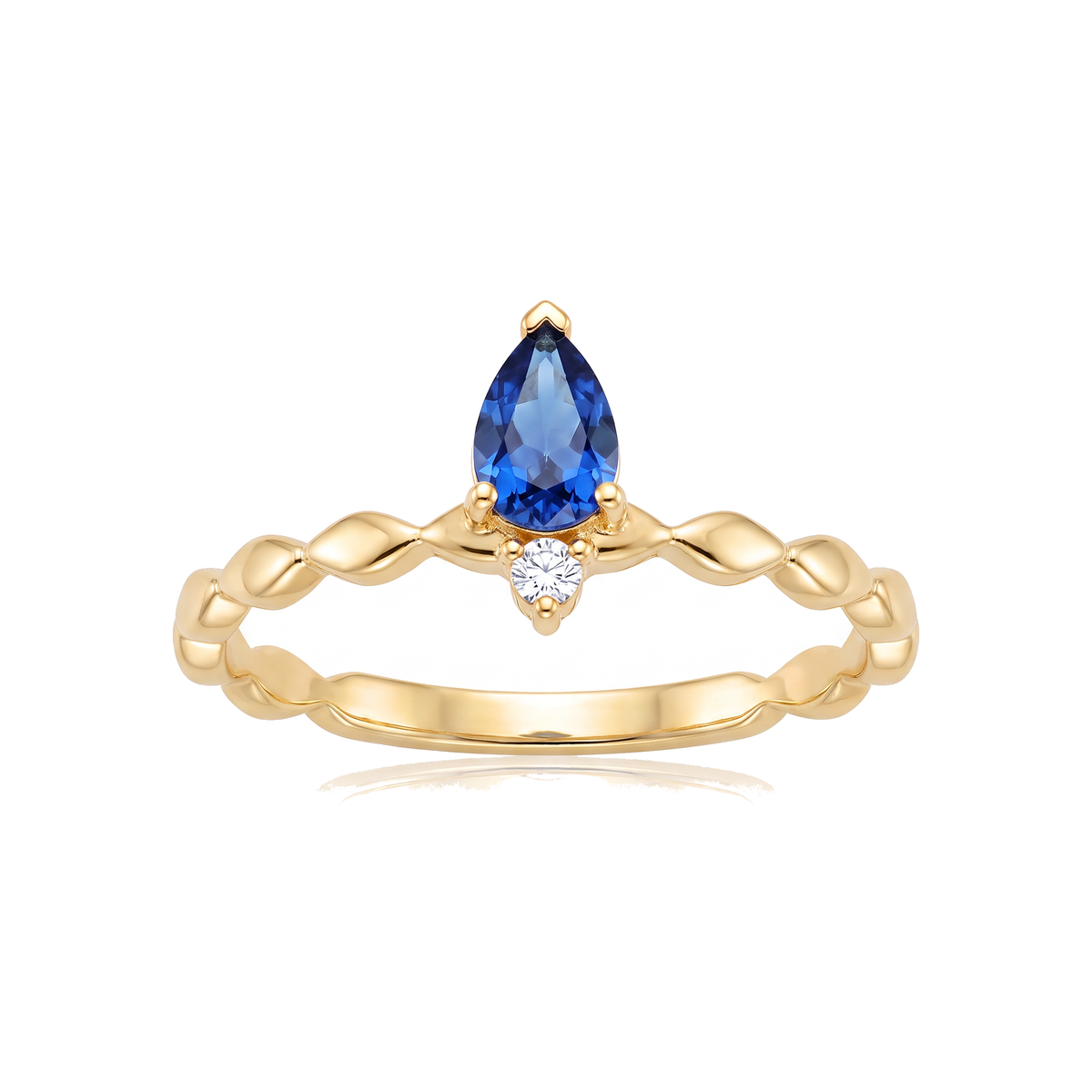 Anel Solitário com Gota Azul e Detalhe Torcido Dourado