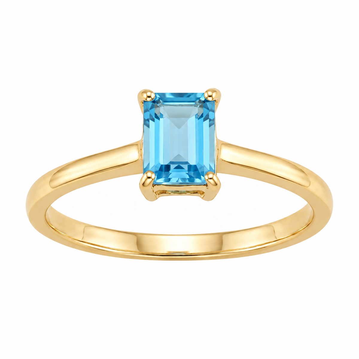 Anel Solitário com Zircônia Retangular Azul em Acabamento Dourado
