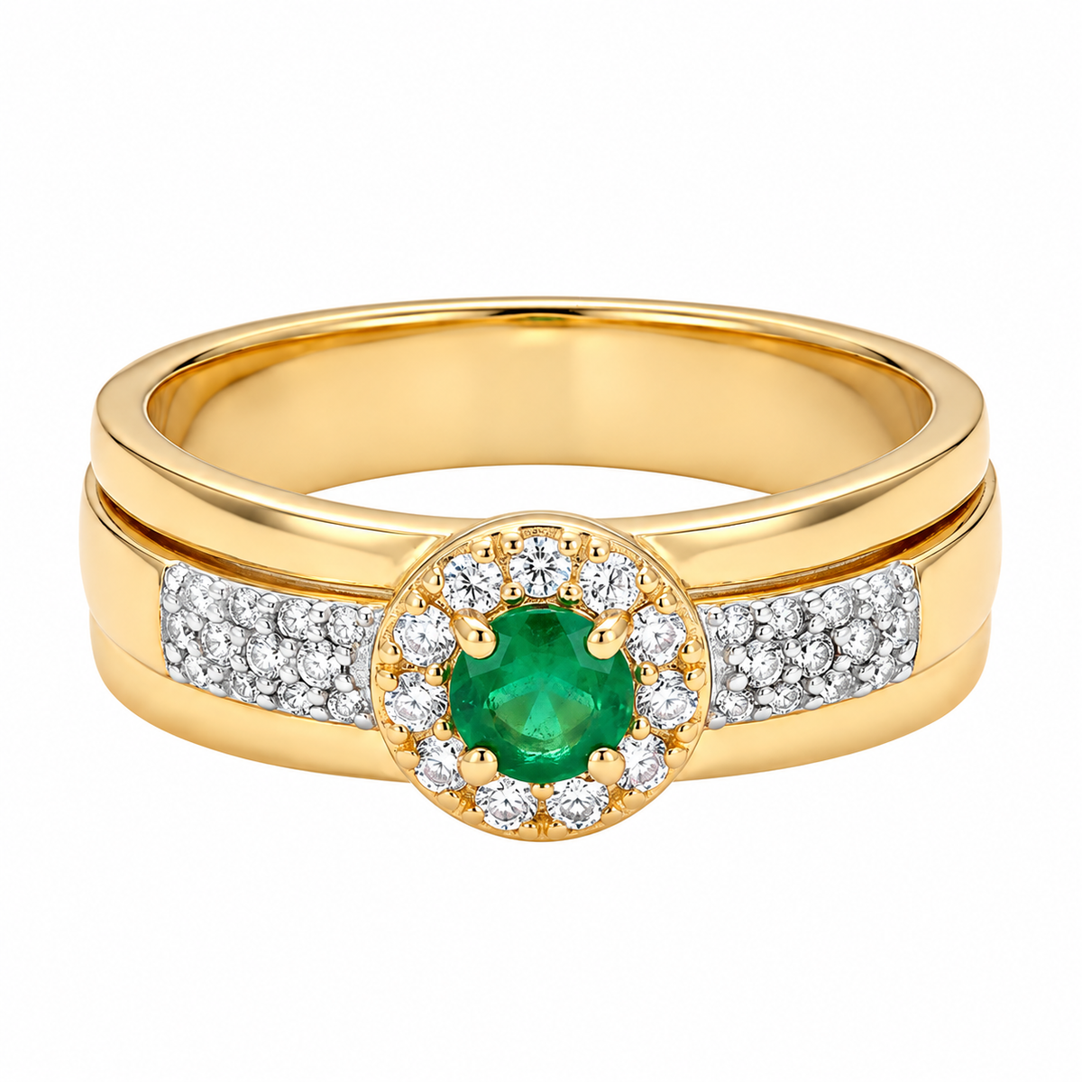 Anel Dourado com Aro Duplo e Detalhe Central Verde e Brilhante