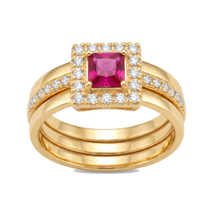 Anel Dourado com Quadrado Central Rosa e Aro Duplo Cravejado