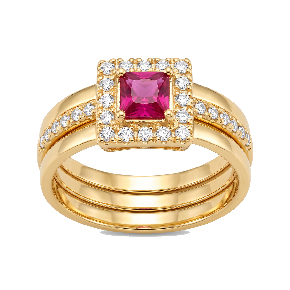 Anel Dourado com Quadrado Central Rosa e Aro Duplo Cravejado